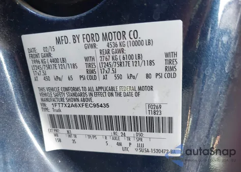 2015 Ford F-250 Xlt from USA, damaged, VIN 1FT7X2A6XFEC95435